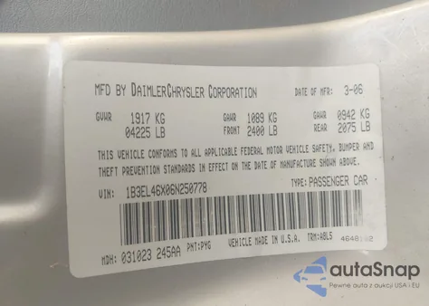 2006 Dodge Stratus Sxt z USA, uszkodzony, nr VIN 1B3EL46X06N250778
